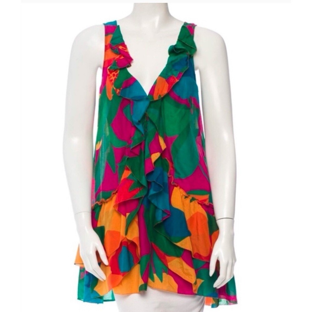 Diane Von Furstenburg Print Cotton Silk Blend Swimsuit Cover-Up Dress Size Small
